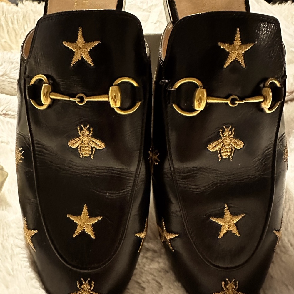 Gucci Black Leather Embroidered Bee & Star Horsebit Mules